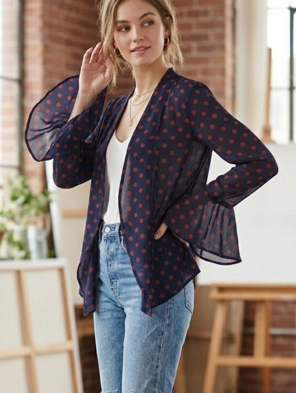 NEVER WORN Sheer Navy Polka Dot Cardigan Size S Medium M
